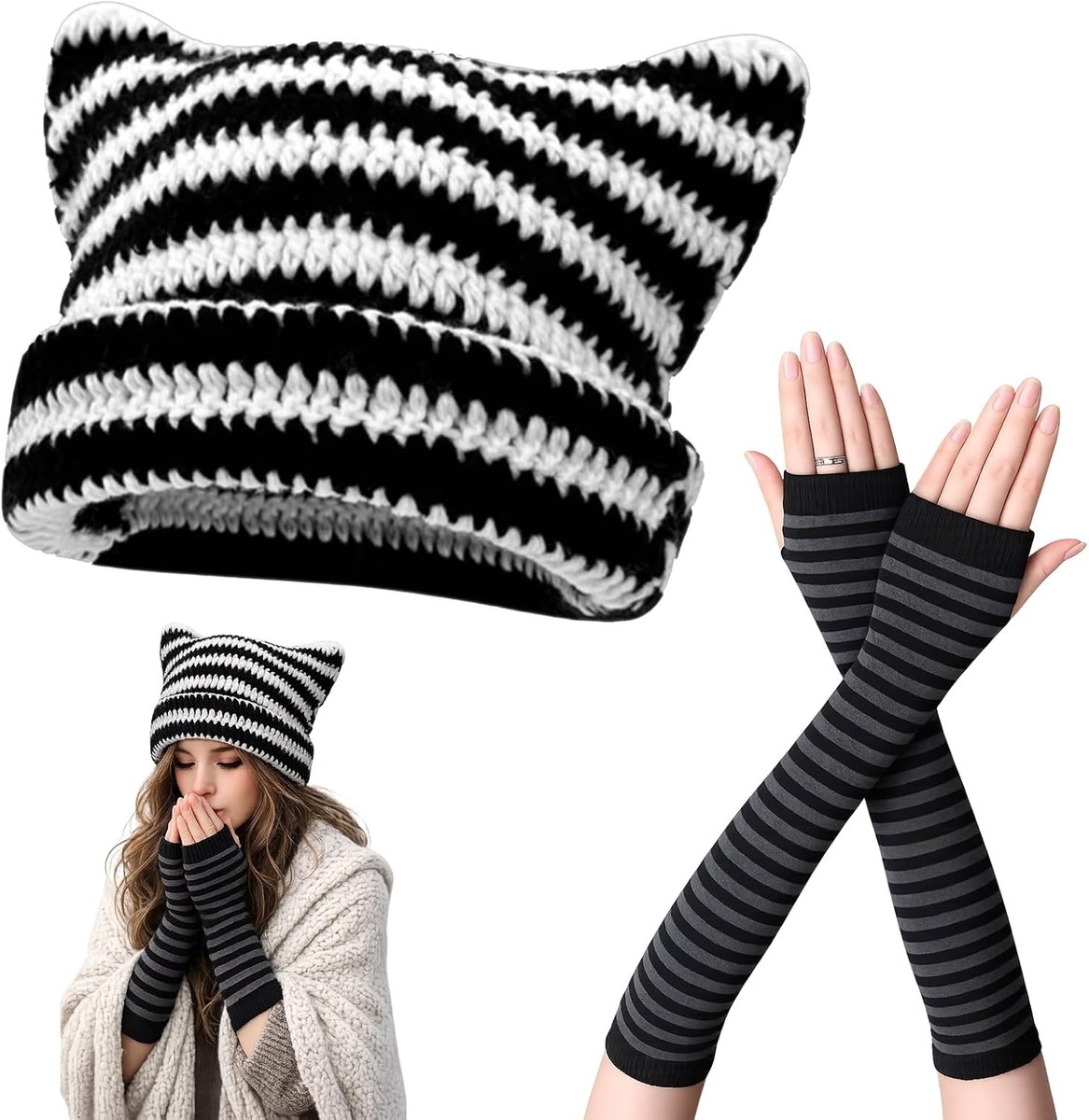 Set van 2 Vintage Beanies met Kattenoren en Lange Handschoenen - Warm Gestreept Winteraccessoire voor Dames en Heren