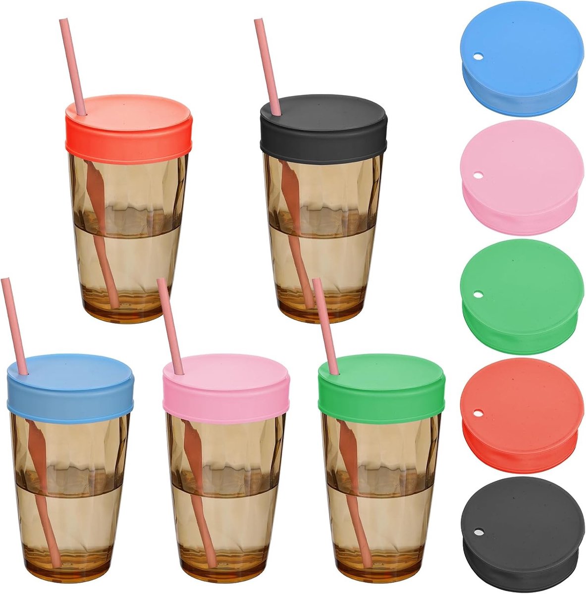 Siliconen Drinkdeksels Set van 5 - Herbruikbare Anti-Stof Deksel voor Glazen, Koffiemokken en Bierpullen met Rietjesopening en Bescherming tegen Vuil