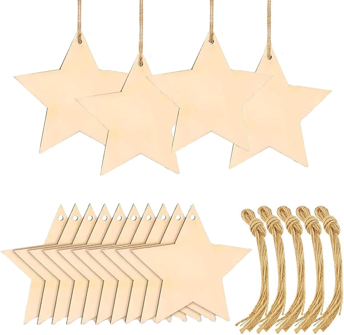Houten sterren kerstdecoratie 8cm - natuurlijke houten sterren - duurzame kwaliteit - eenvoudig te hangen - ShopVlot