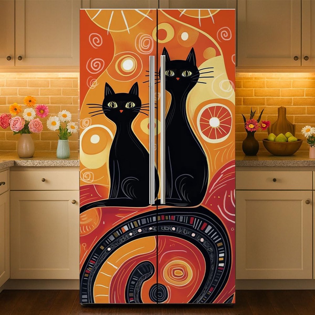 Deurbehang zelfklevend - zwart kattenmotief - vinyl muursticker - artistieke koelkastdecoratie - ShopVlot