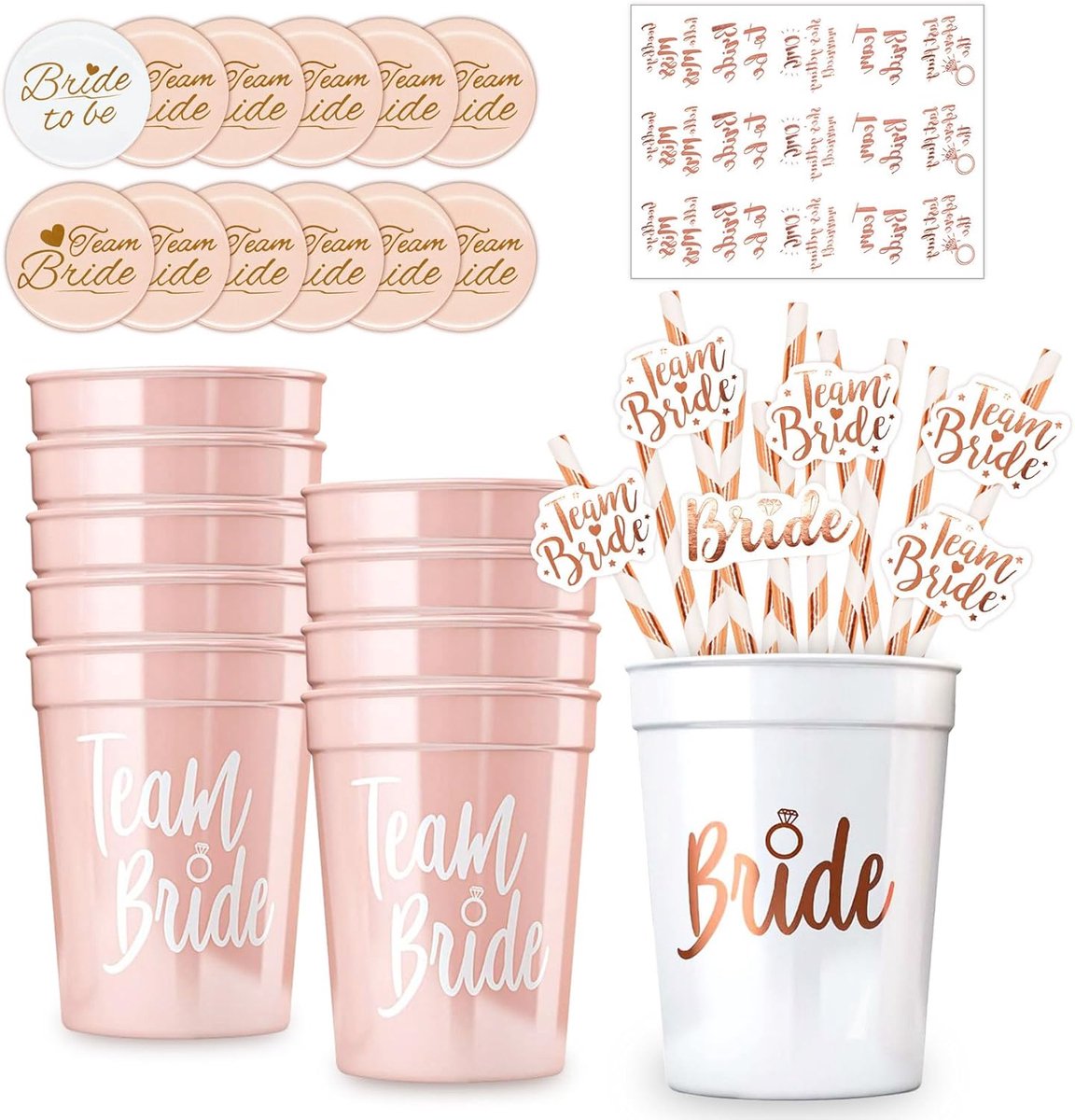 Set van 12 herbruikbare team bruid bekers - inclusief JGA knoppen - met rietjes en tattoo stickers - ShopVlot