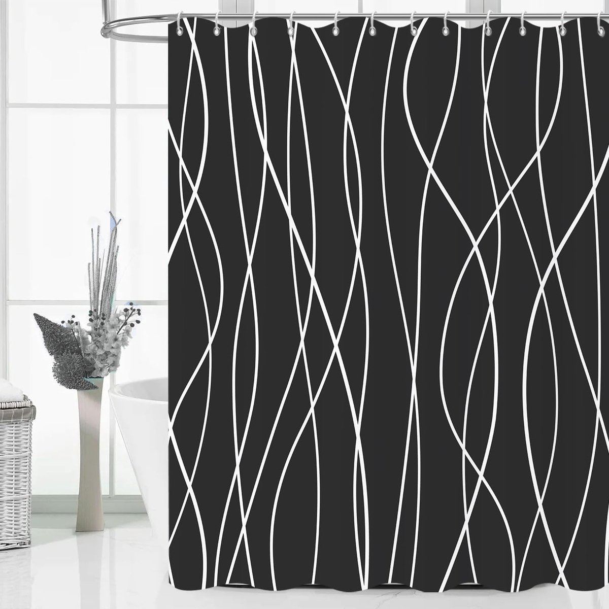 Black Shower Curtain, 180x180cm, Modern Minimalism, Striped Wave Line, Waterproof Fabric, Machine Washable, Bathroom - ShopVlot