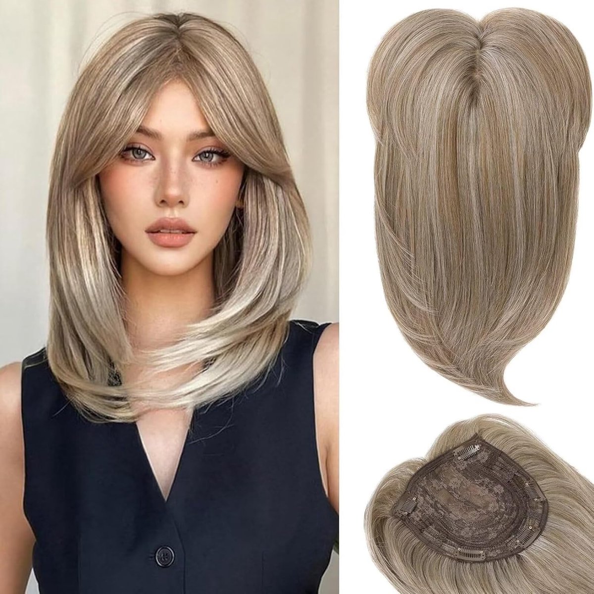 45 cm haartopper voor vrouwen met echt haar, 3D 360° pony, clip voor vrouwen met uitdunning, realistische - ShopVlot