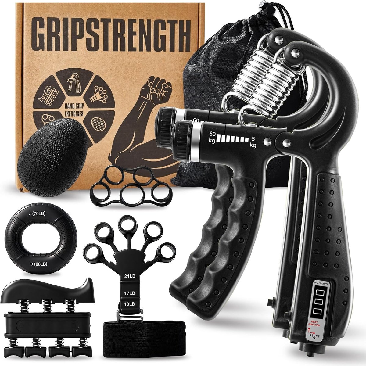 7-Piece Grip Strength Trainer Set, Grip Strength Trainer Kit, 2 Adjustable Forearm Resistance Grips, 1 Storage Bag - ShopVlot