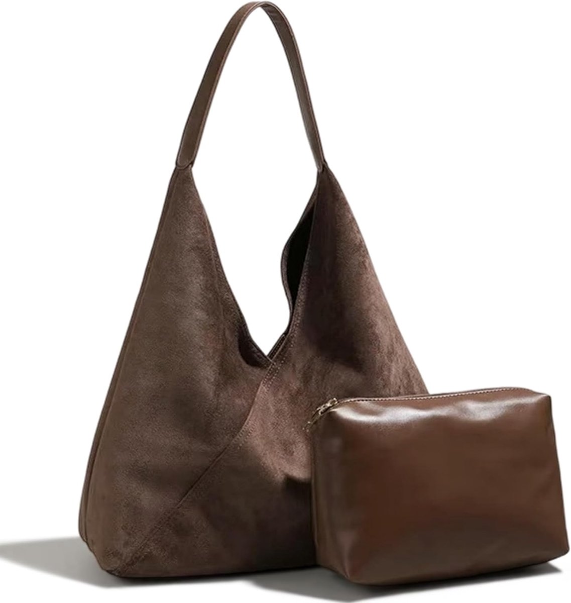 Set of 2 Suede Look Shoppers Medium Shoulder and Handle Bag with Separate Cosmetic Bag, Elegant Shopper for Work - ShopVlot