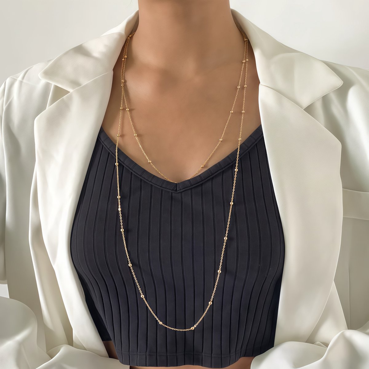 Sjika - Lange Ketting Dames Goud – 18K Gold Plated Layered Ketting – Stainless Steel Halsketting – Minimalistische Damesketting - Cadeau voor haar