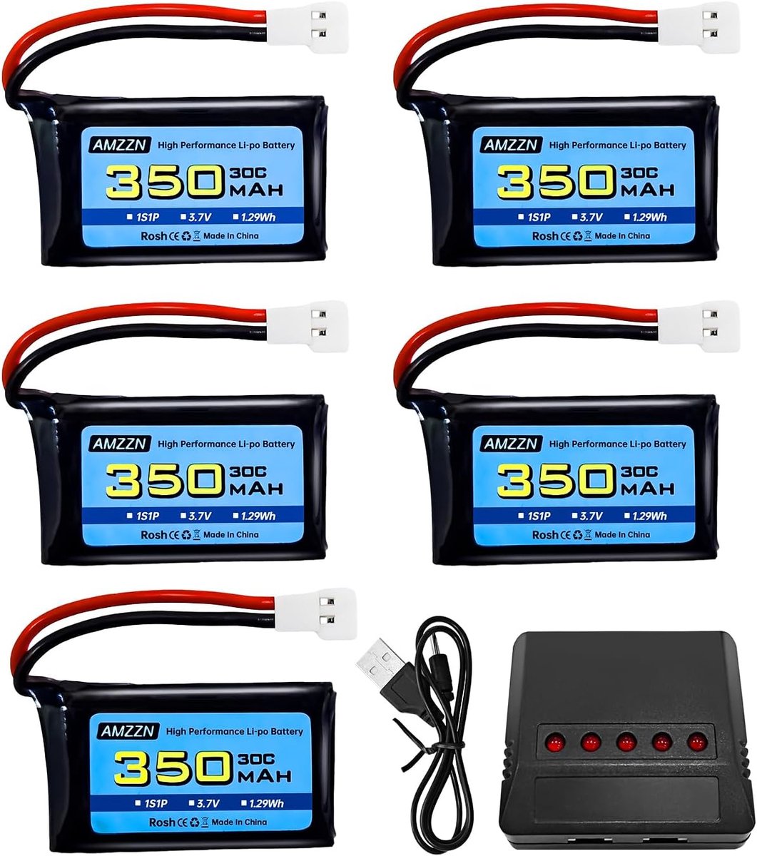 5pcs 3.7V 350mAh 1S Lipo Battery Molex Plug with Charger 5-in-1 for Syma X11C WLToys V911S Remote Control Drone, XK - ShopVlot