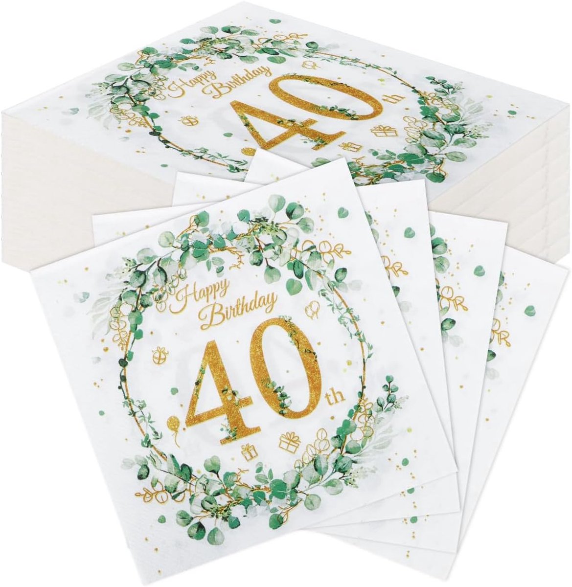 60 stuks Komoke premium servetten eucalyptus design voor 40e verjaardag - saliegroene luxe servetten (33 x 33 cm) - ShopVlot