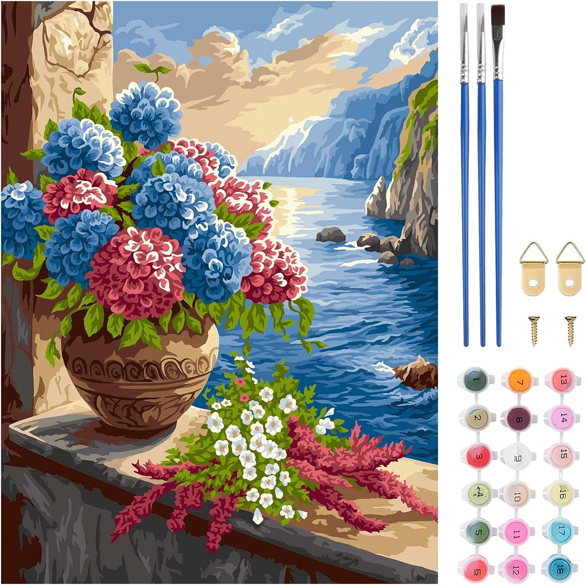 TLIOBLO Bloemen op het balkon, schilderen op nummerkit voor volwassenen, doe-het-zelf landschap volwassenen schilderen - ShopVlot