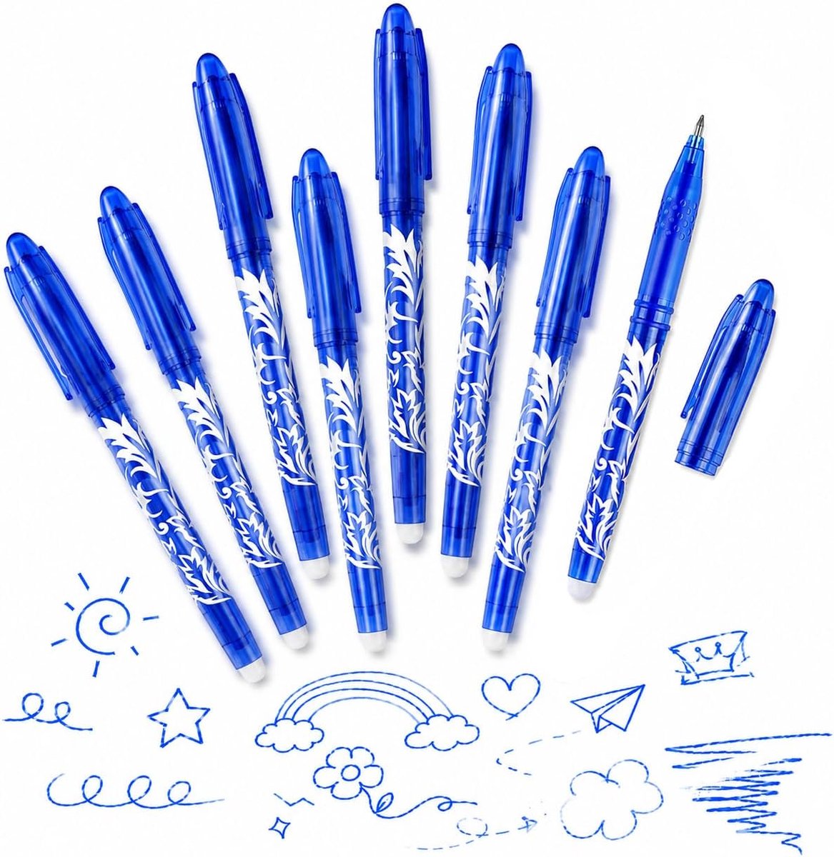 8 stuks uitwisbare gelpennen, blauw, 0,5 mm, met gum, thermogevoelige pennen, vloeibaar, blauw, uitwisbaar, voor - ShopVlot