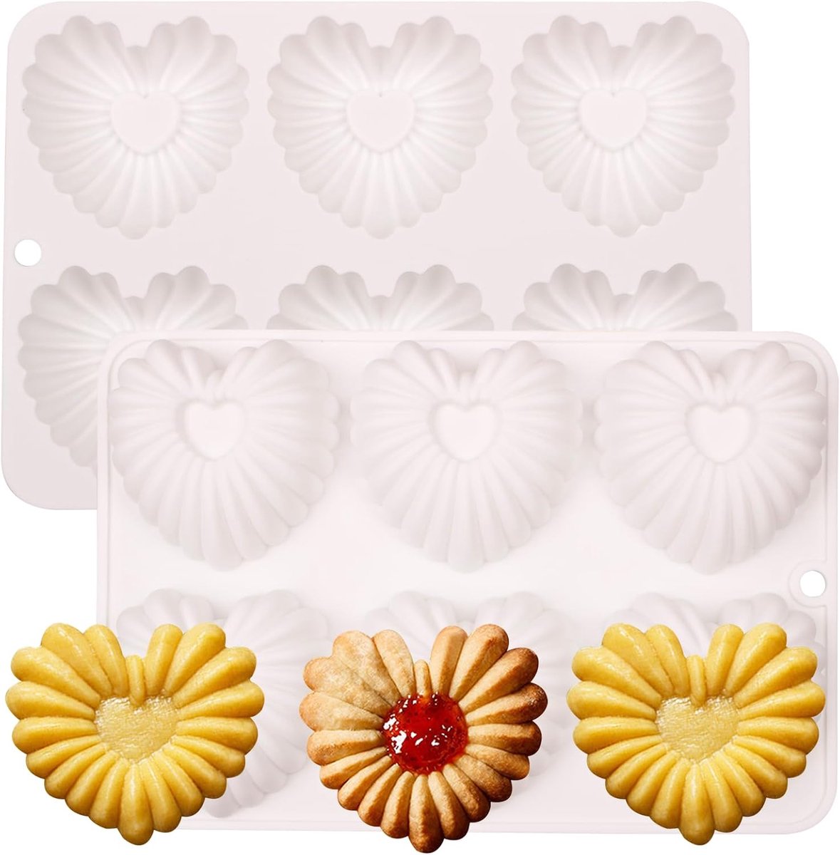 Silicone baking mould for heart biscuits, 6 wells, 21.3 x 14.5 x 2 cm, white - ShopVlot
