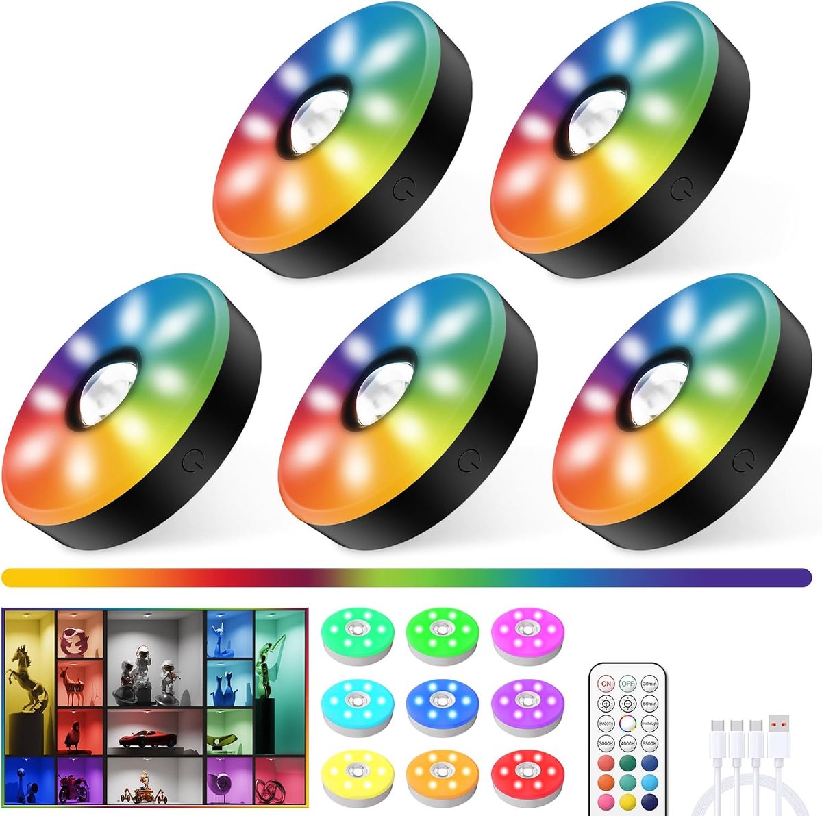 Puck Lights with Remote Control, Colour Changing LED Puck Lights with Dimmable Dynamic Rainbow Chase Effect, 2000 mAh - ShopVlot