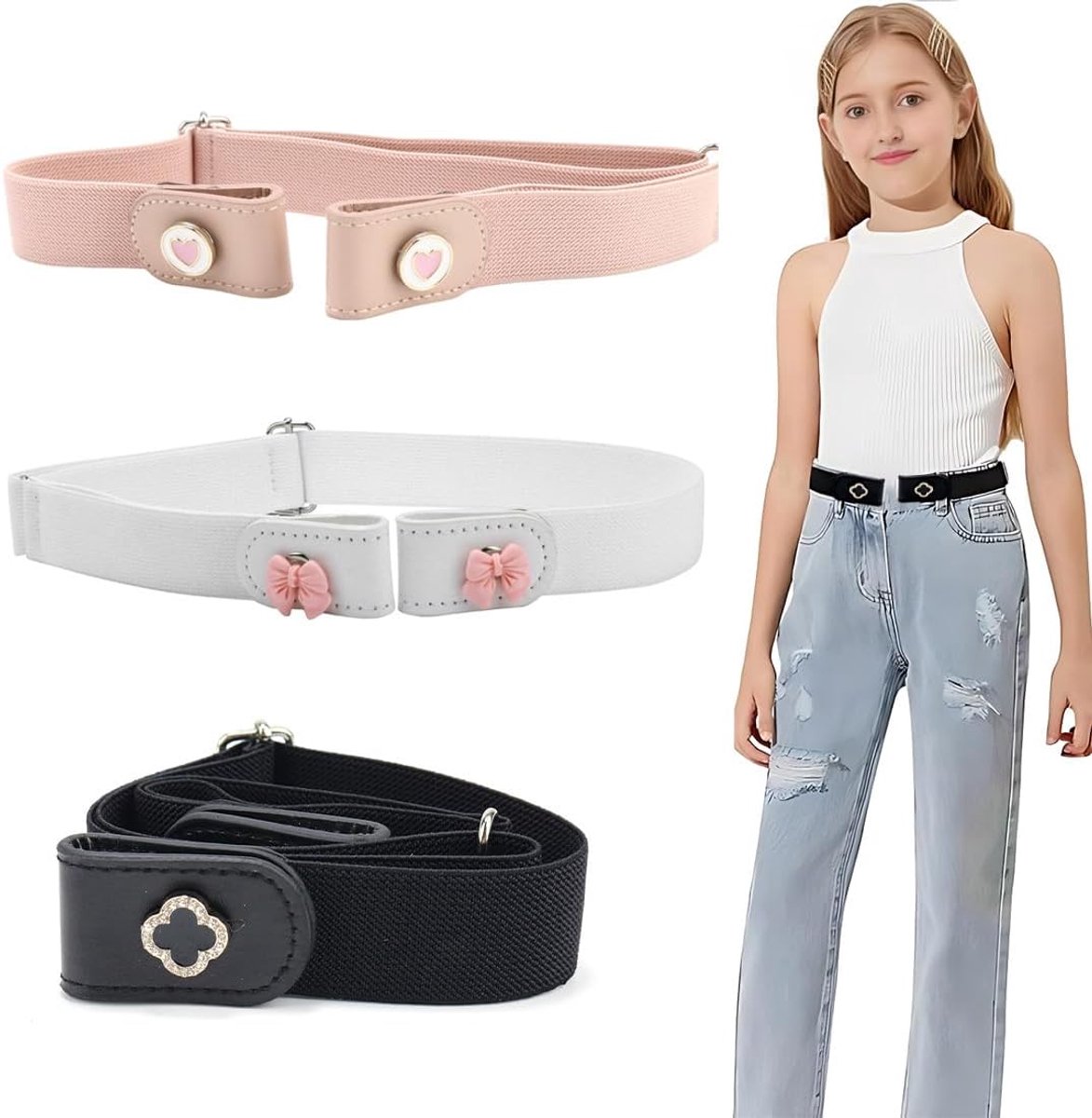 3 stuks kinderriem voor meisjes, riem zonder gesp, elastische riem, verstelbare gespvrije kinderriem, onzichtbare - ShopVlot