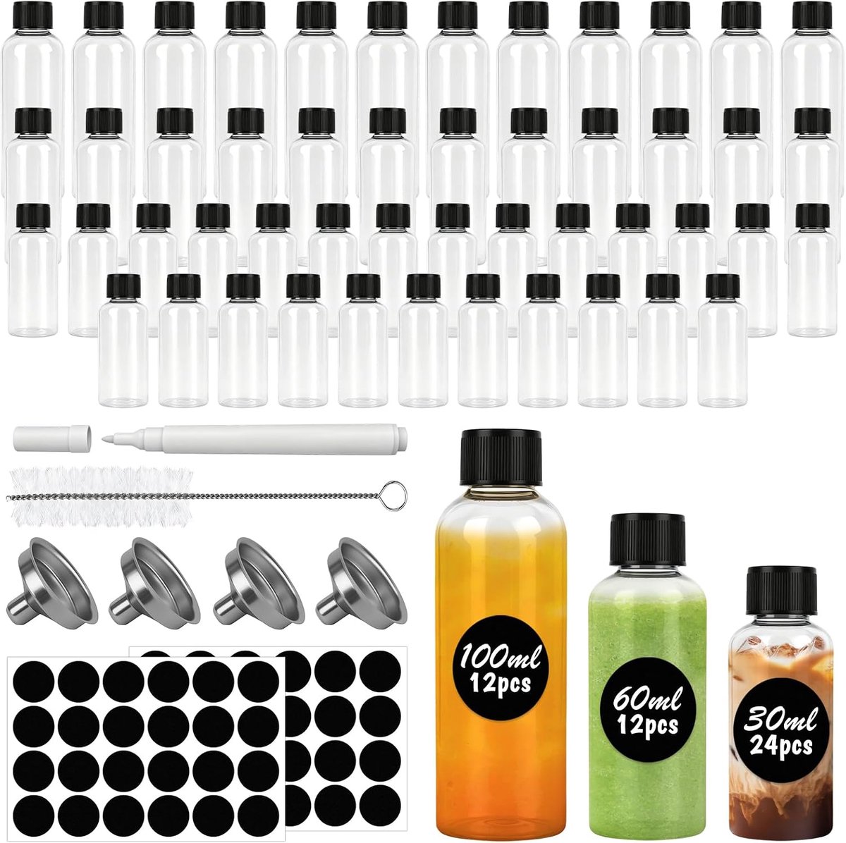 48 stuks kleine flessen om te vullen, 30 ml + 60 ml + 100 ml, mini plastic shotflessen, herbruikbare borrelflessen - ShopVlot