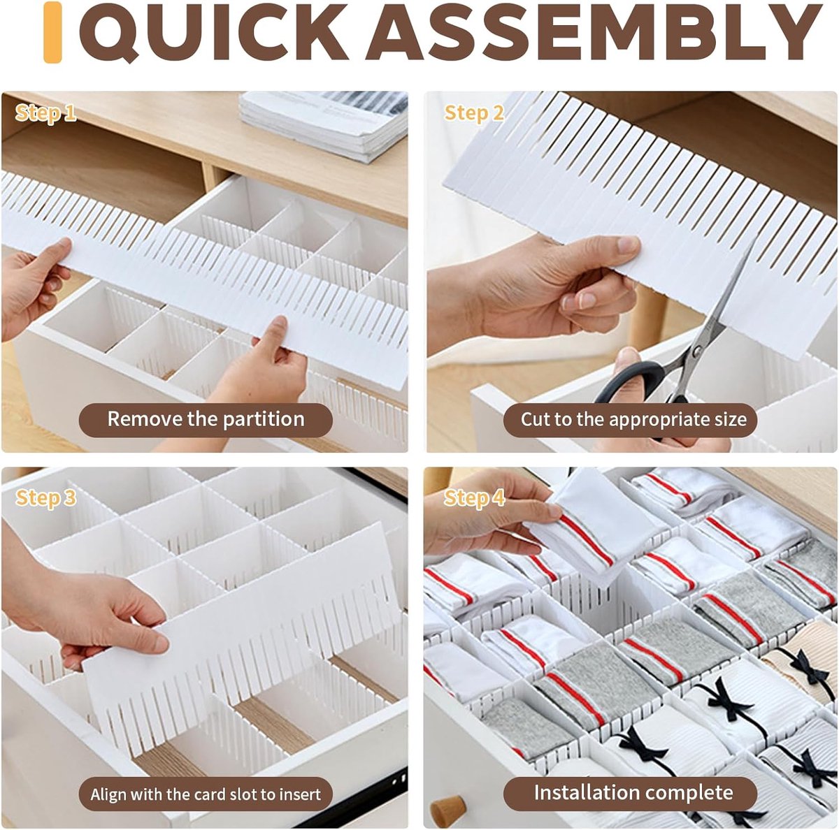 Adjustable Drawer Dividers, 12 Pieces, Customizable, with 22 Accessories for Underwear, Socks, Office, Kitchen - ShopVlot