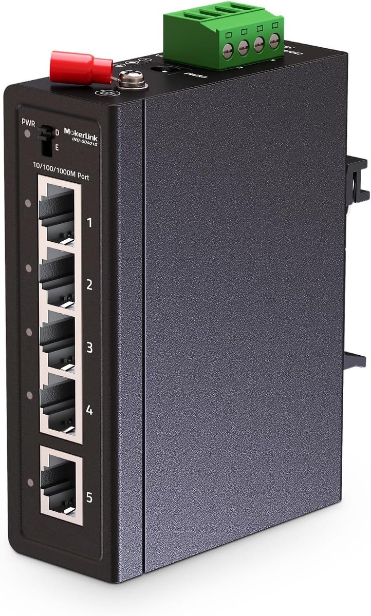 MokerLink 5 Port Industrial DIN Rail Gigabit Switch, 4 x 100/1000Mbps Ports, 1 Gigabit Uplink, Mini Size, Metal DIN - ShopVlot