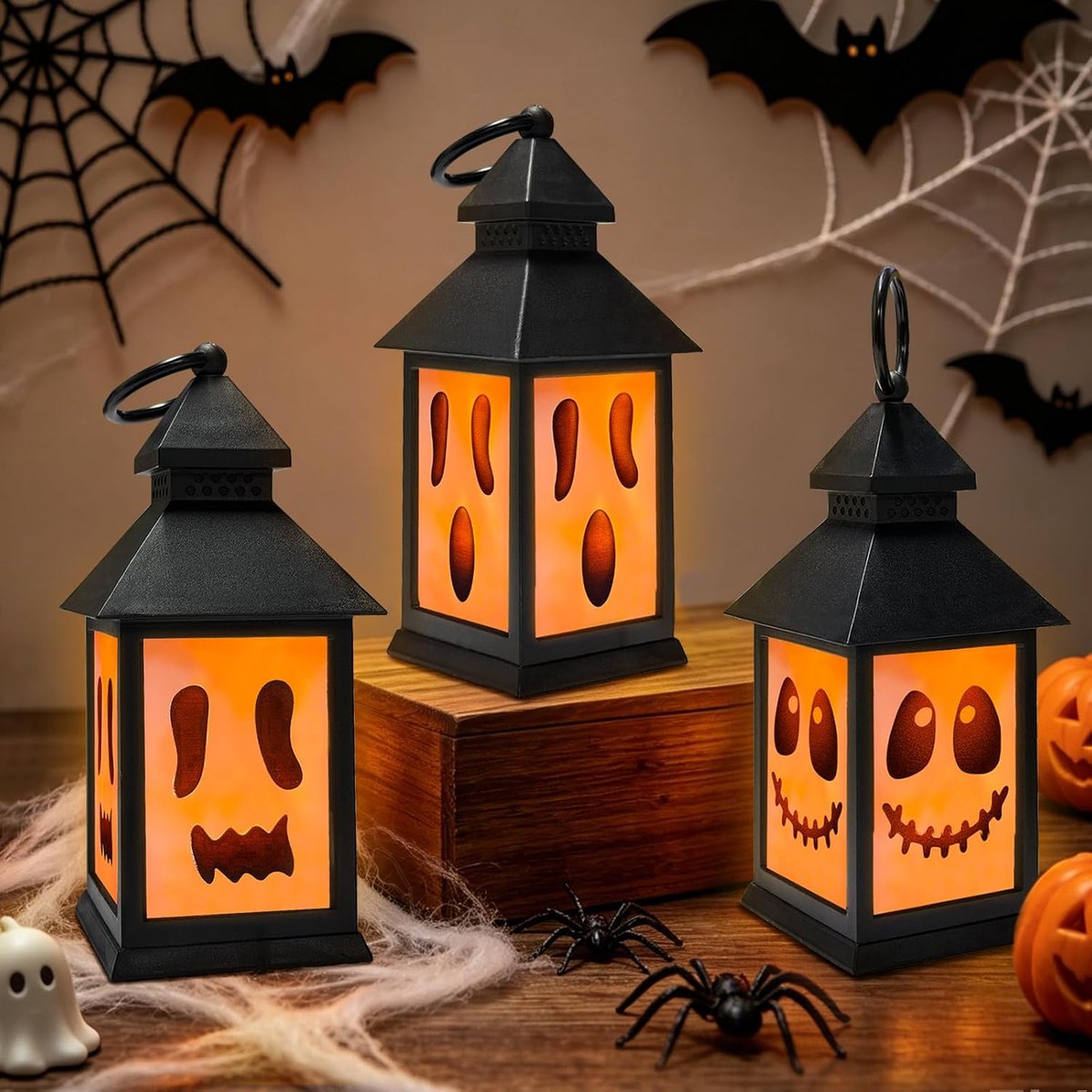 3 stuks Halloween decoratieve lantaarn, Halloween decoratie outdoor lantaarn met ledkaars, Halloween decoratie binnen - ShopVlot