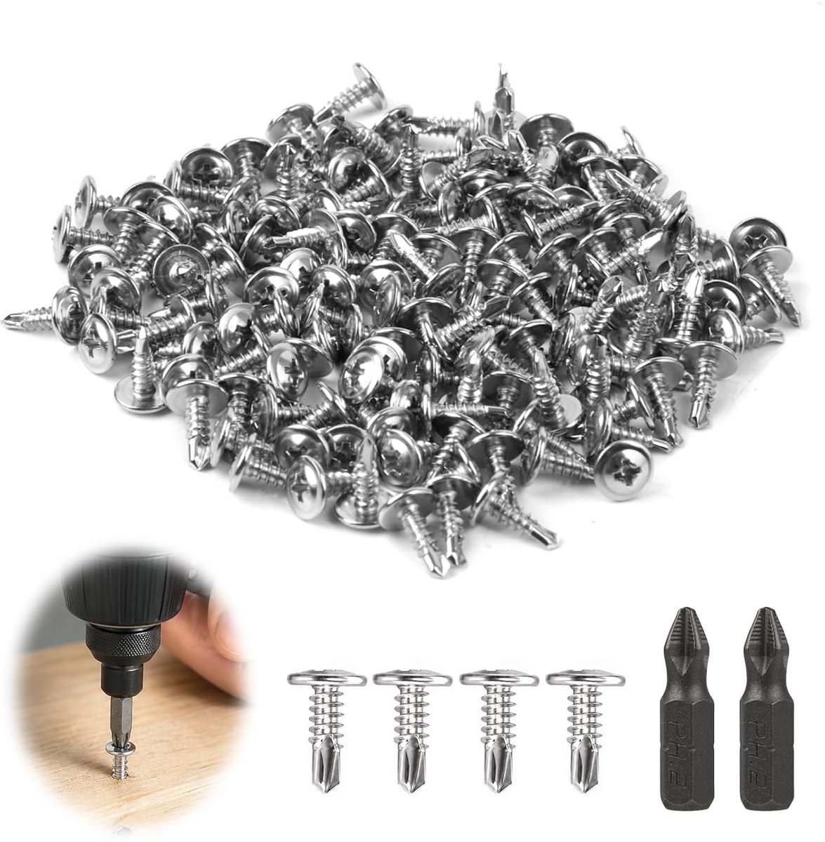 150 stuks, zelftappende schroeven, 4,2 x 13 mm, roestvrij staal 410, voor staal en metaal, zelfrijdend, platte kop - ShopVlot
