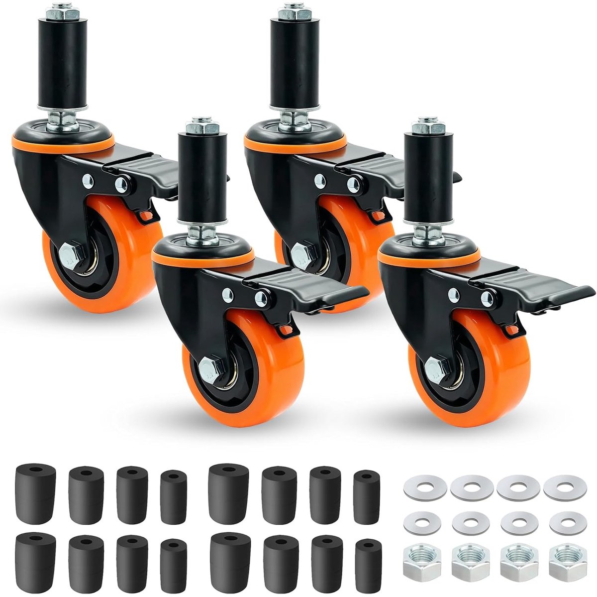 75 mm zware wielenset met rem, oranje, 10 cm, 350 kg draagkracht, geschikt voor buispoten van 23 mm/28 mm/34 mm/40 mm - ShopVlot