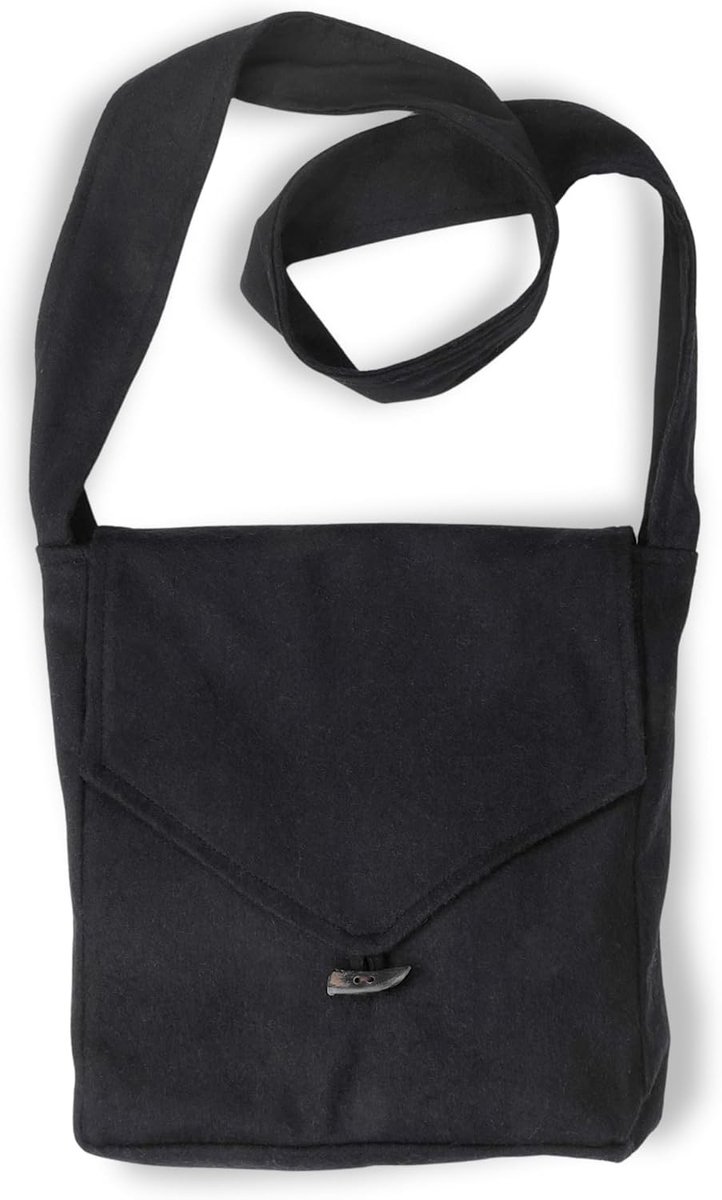 Medieval shoulder bag wool felt horn button with inner lining model: Dwain, solid black - ShopVlot