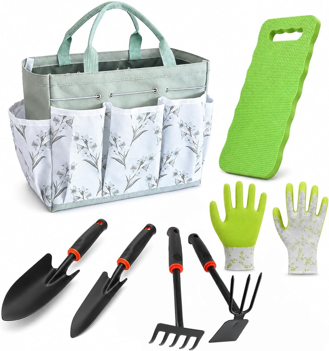Tuingereedschapsset, 7-delig, roestvrij staal, tuingereedschap met antislip rubberen handgreep, schep, hark, tuintas - ShopVlot