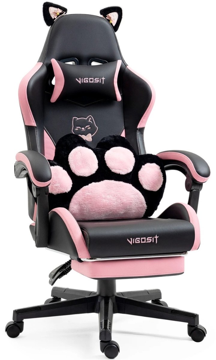 Joorly Gaming Stoel - Gamingstoel - Gaming Chair - Bureaustoel - Gamestoel - Gamestoel met kattenoren - Kawaii Kussen - Verstelbaar - Ergonomisch - Zwart / Roze