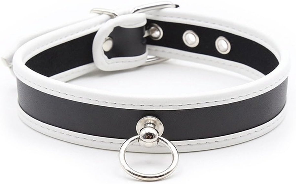 BDSM Bondage Collar O-Rings Cuffs Erotic Collars Leather Sex Toy (Black & White) - ShopVlot