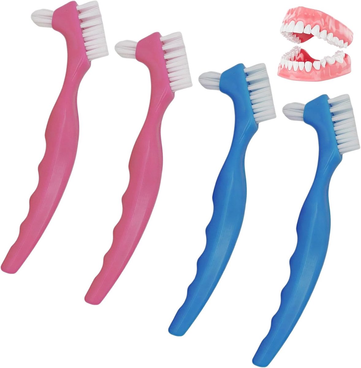 Tandenborstels voor tandprothesenset - 4 stuks in roze en blauw - zachte borstelharen - ShopVlot