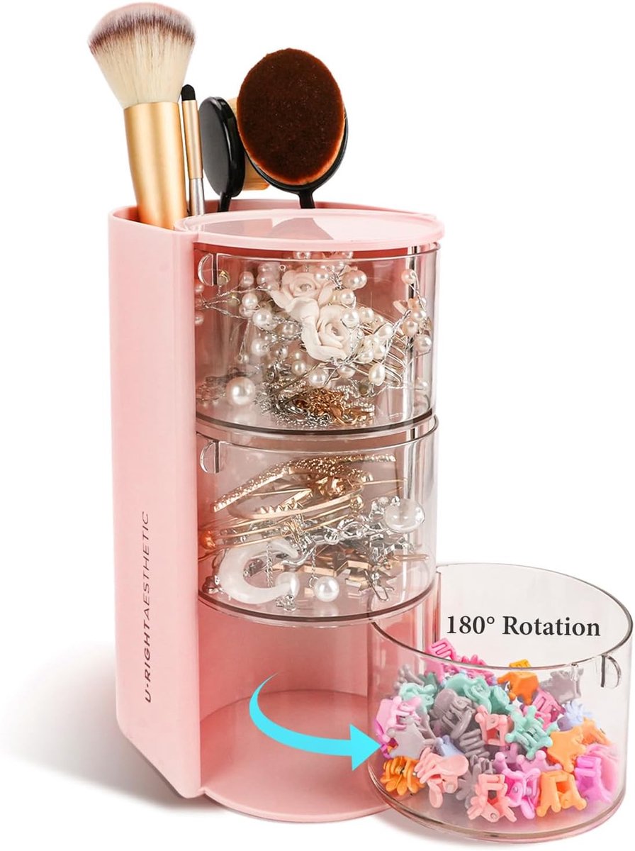 Kaptafelorganizer met 3 niveaus - roze - draaibare haaraccessoires opslag - handige make-up organizer - ShopVlot