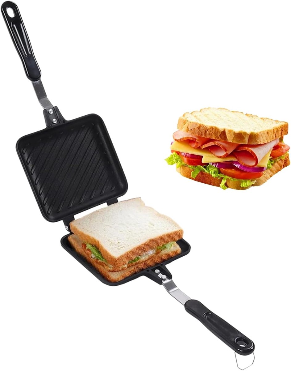 Sandwich maker compact - dubbele tosti-grill - aluminium met anti-aanbaklaag - ideaal voor camping en kantoor - ShopVlot