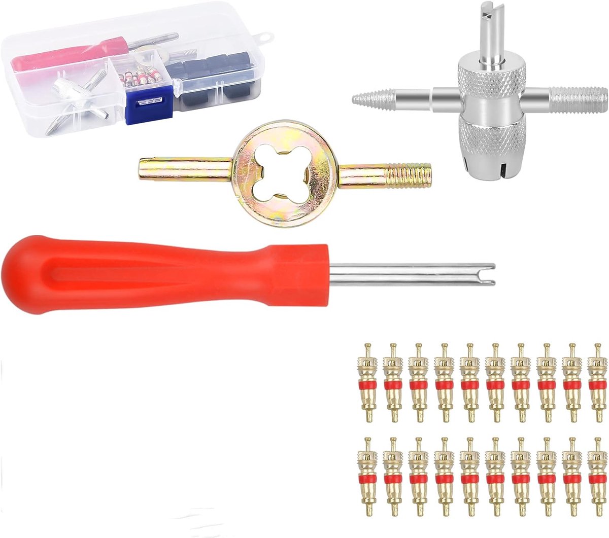 Ventielkernen set 33-delig - koper-ventielkappen - ventieldoppen - veelzijdig reparatiegereedschap - ShopVlot