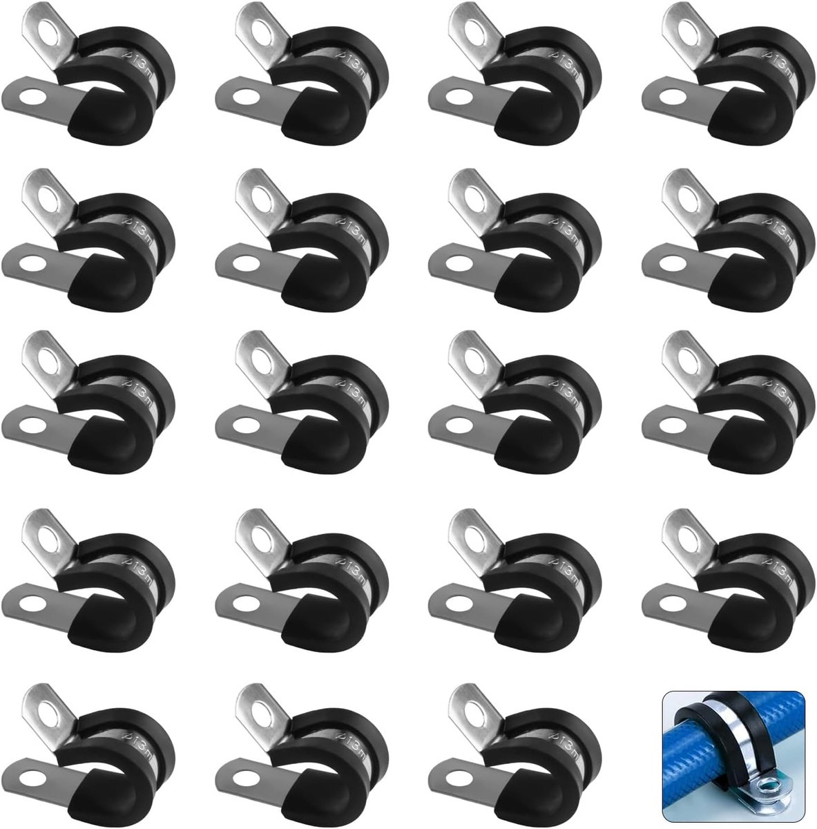 RVS slangklem P-Clip 13mm - roestvrij staal met rubber inleg - eenvoudige installatie - voor kabels en slangen - ShopVlot