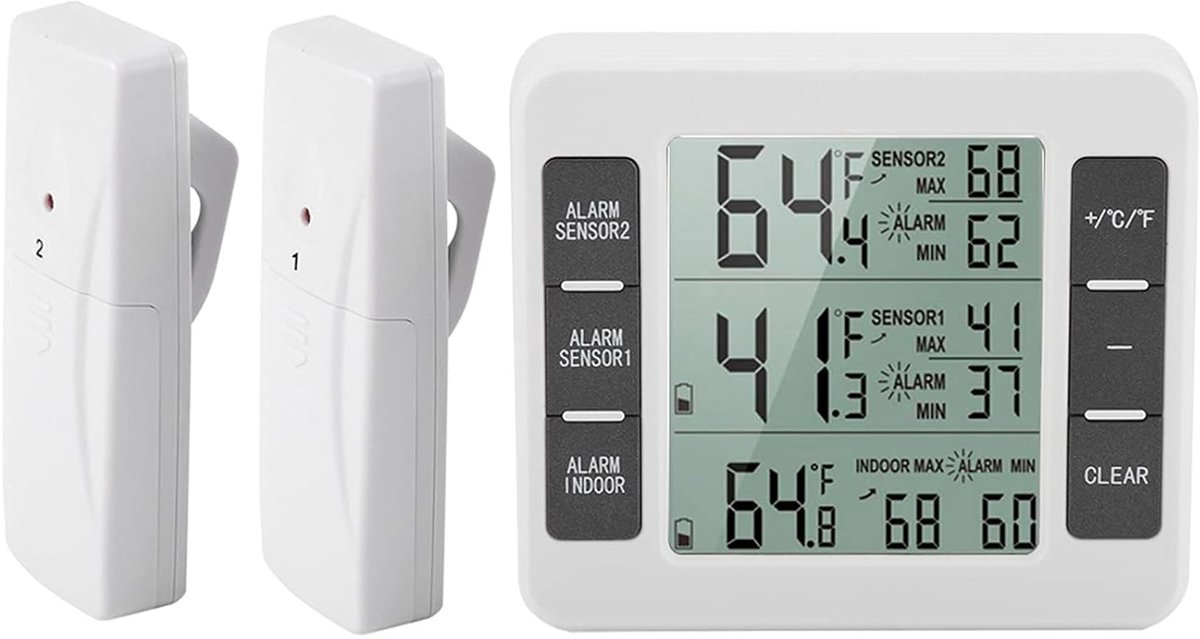Draadloze Digitale Koelkastthermometer met 2 Sensoren en Min/Max Alarm voor Nauwkeurige Temperatuurweergave in Koelkast en Vriezer