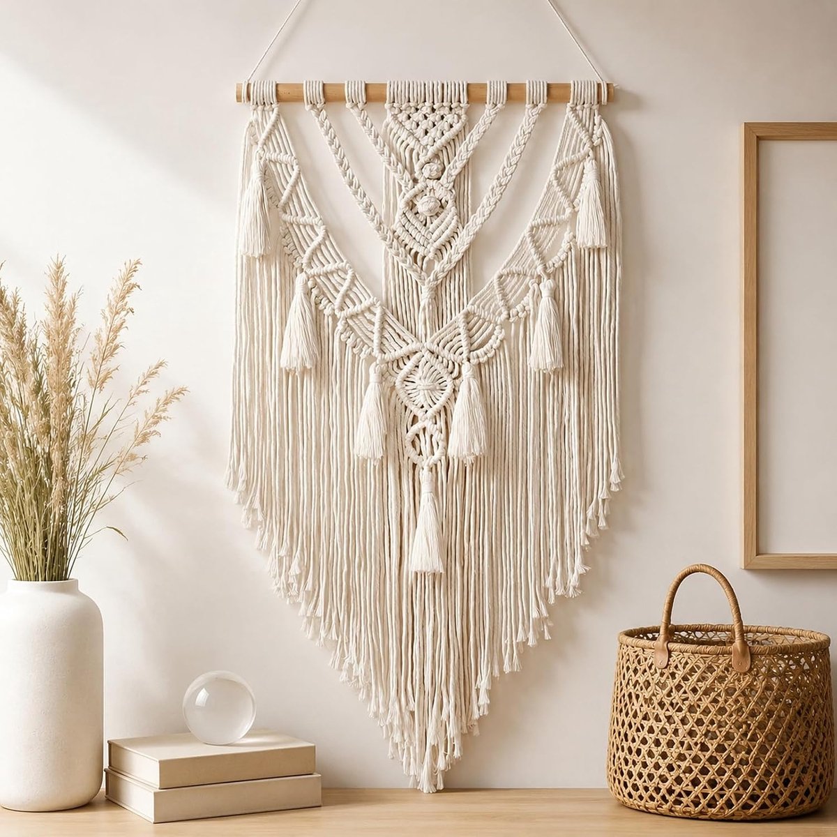 Wandtapijt macramé 70 x 40 cm - handgeweven katoen - geometrisch design - Boheemse wanddecoratie - ShopVlot