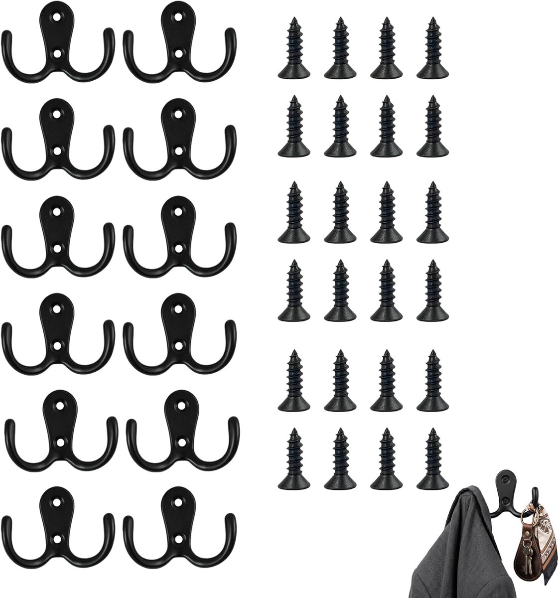 Wandhaken 12 stuks - Zwart metaal - Retro design - Ideaal voor jassen - ShopVlot