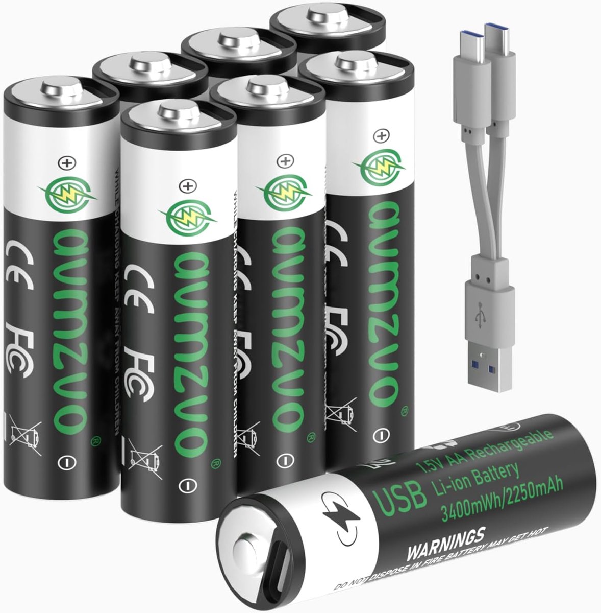 AA Batteries LR6 Rechargeable Batteries with USB-C Charging Cable, Pack of 8 - ShopVlot