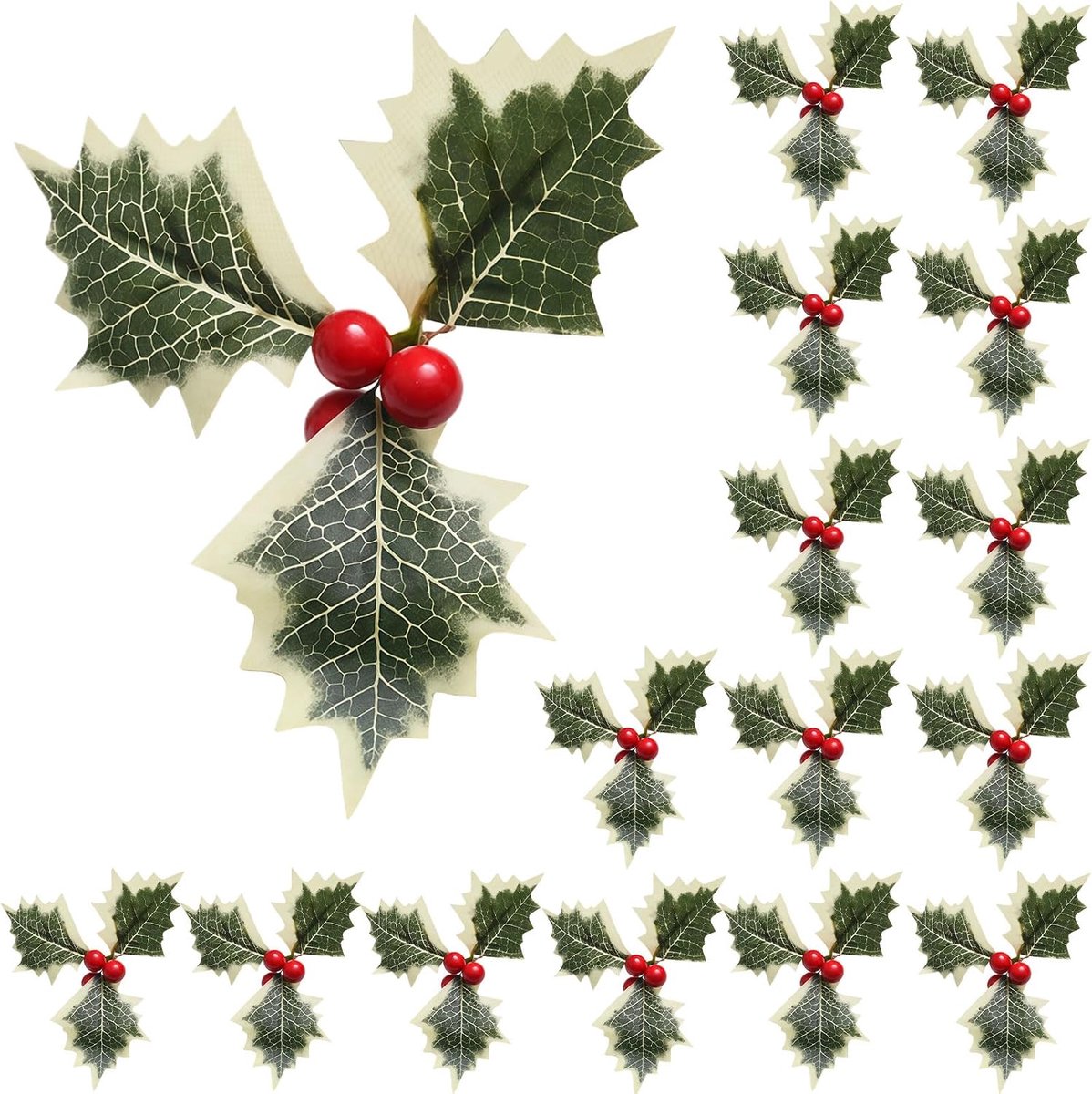 Kunstmatige kerstbessen 15 stuks - met groene bladeren - realistische decoratie - voor feestelijke versieringen - ShopVlot