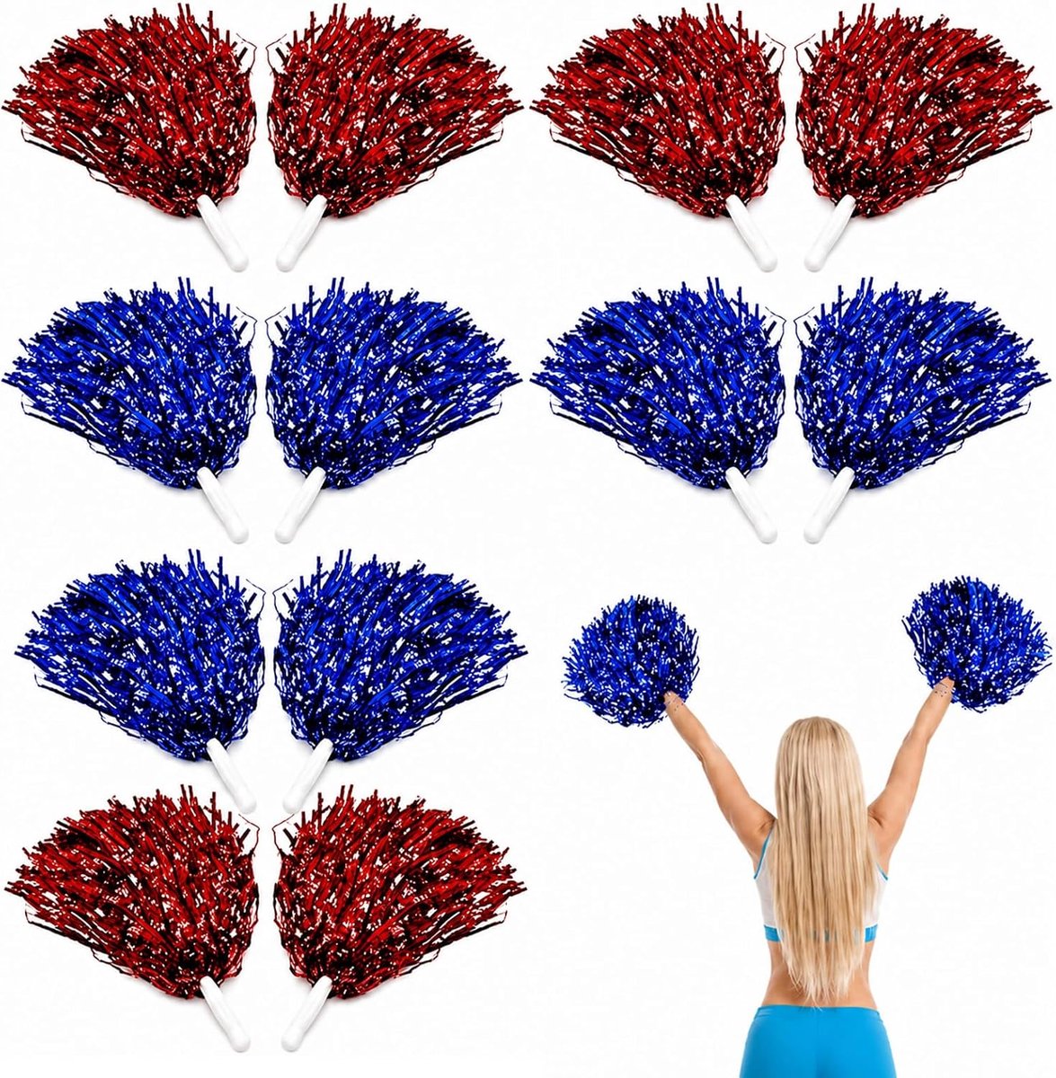 Cheerleader pompoms set 12-delig - blauw en roze - comfortabele handvatten - perfect voor sportevenementen - ShopVlot
