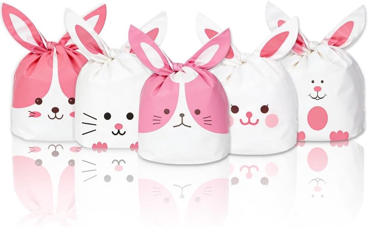 Geschenkzakken 50-pack - 5 schattige ontwerpen - roze en wit - perfect voor Pasen of verjaardag - ShopVlot