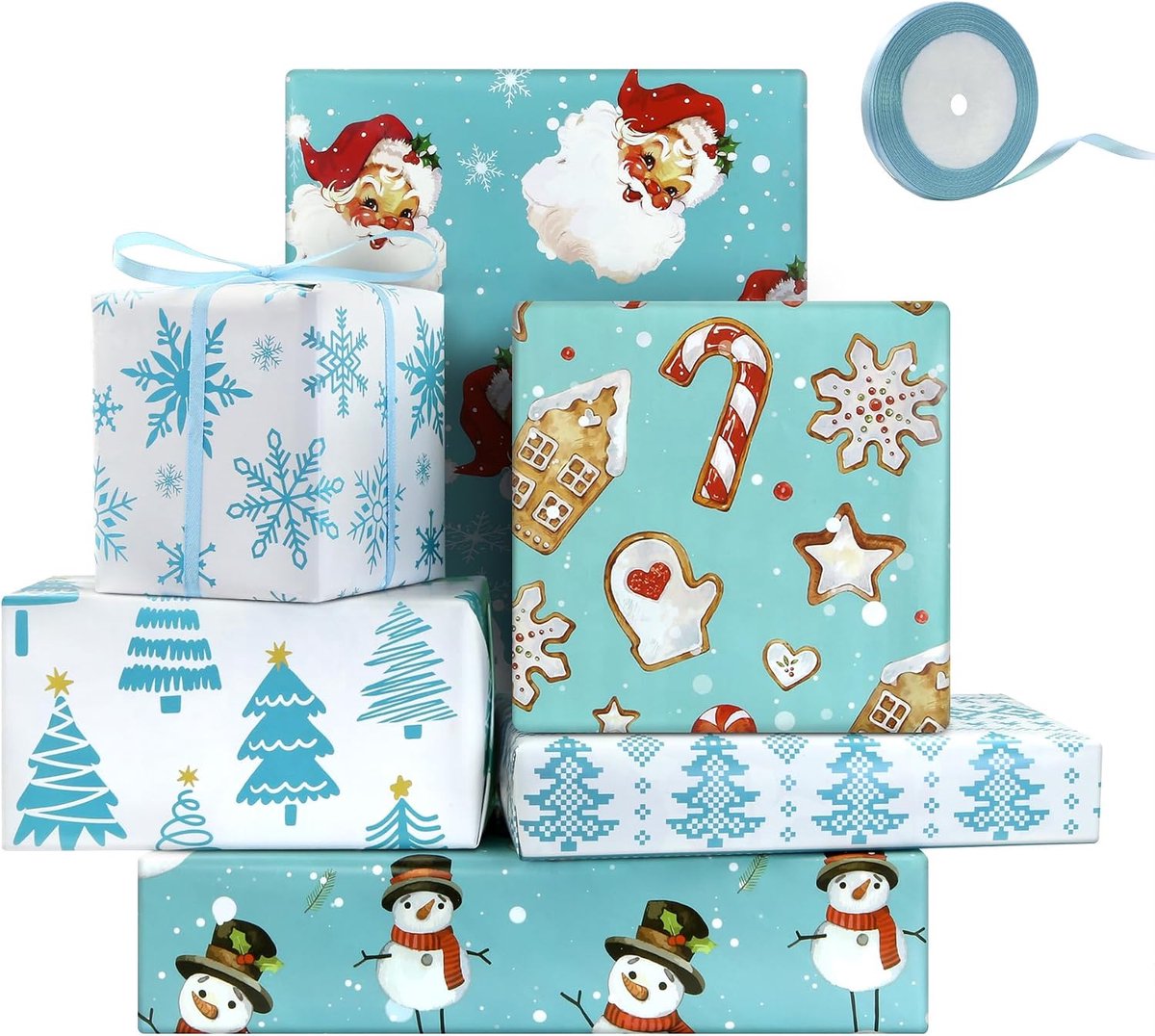 Kerstinpakpapier 50x70cm - Blauw - 6 ontwerpen - Perfect voor kinderen - ShopVlot