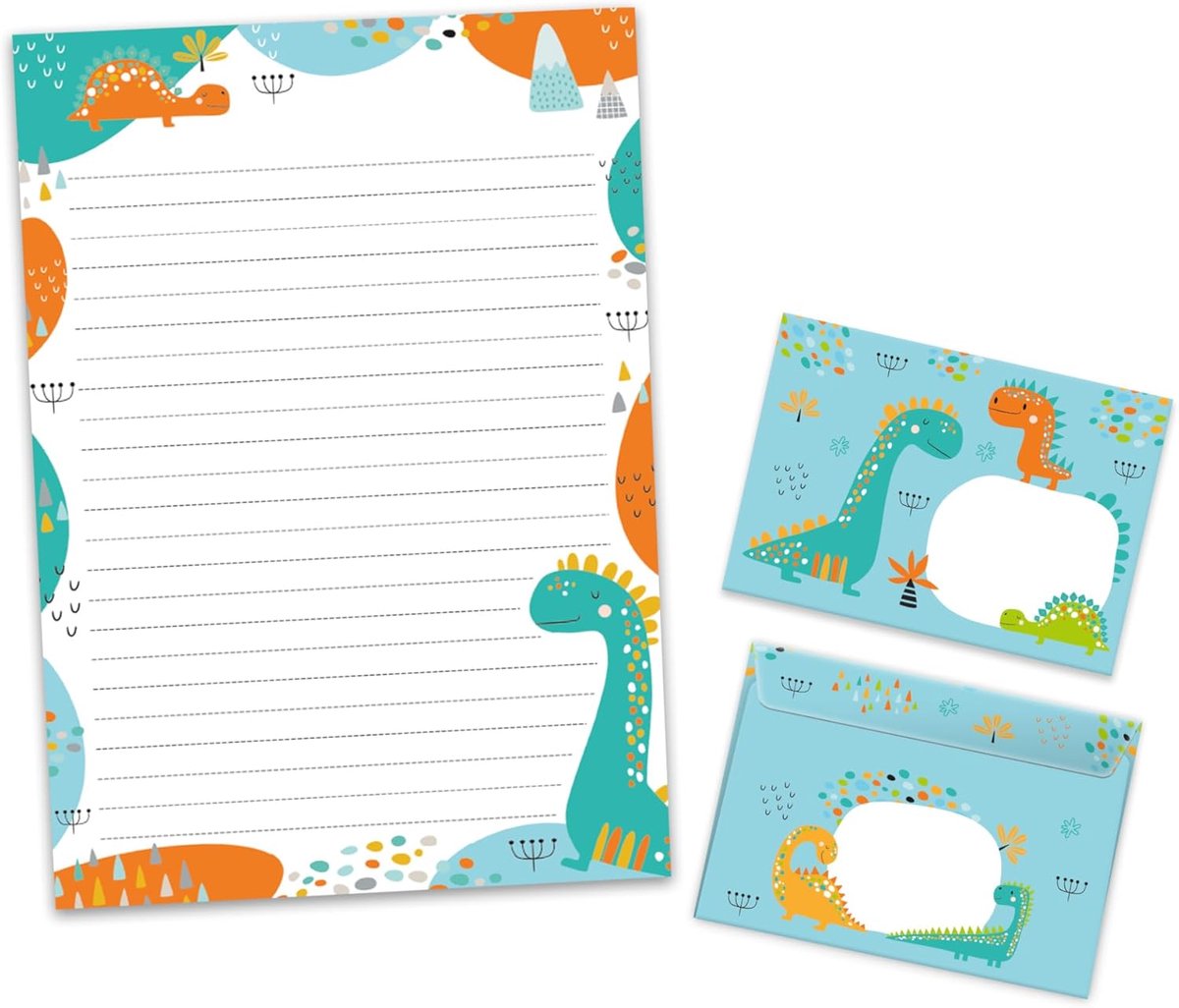 Briefpapier set A4 met enveloppen - dino's - 25 vellen + 15 zelfklevende enveloppen - leuk voor kinderen - ShopVlot