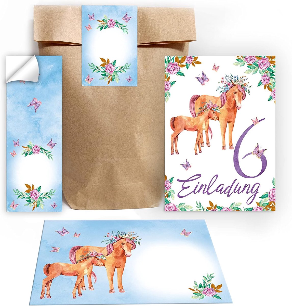 uitnodigingskaarten 6e verjaardag - paarden thema - 12 kaarten met enveloppen - perfect voor feest - ShopVlot