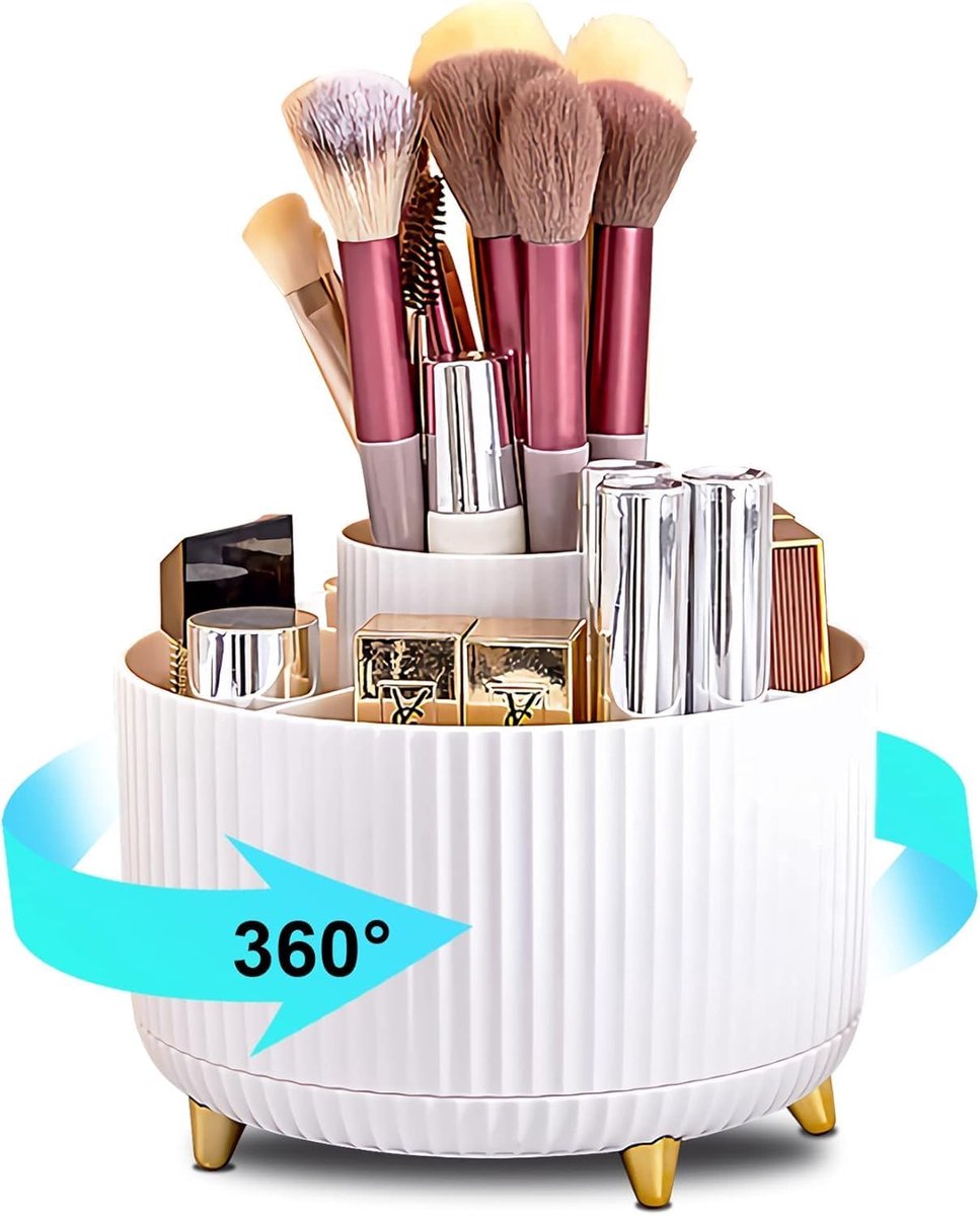 Cosmetic makeup organiser 360° draaibaar - wit met gouden voetjes - multifunctioneel - perfect voor op de make-up tafel - ShopVlot