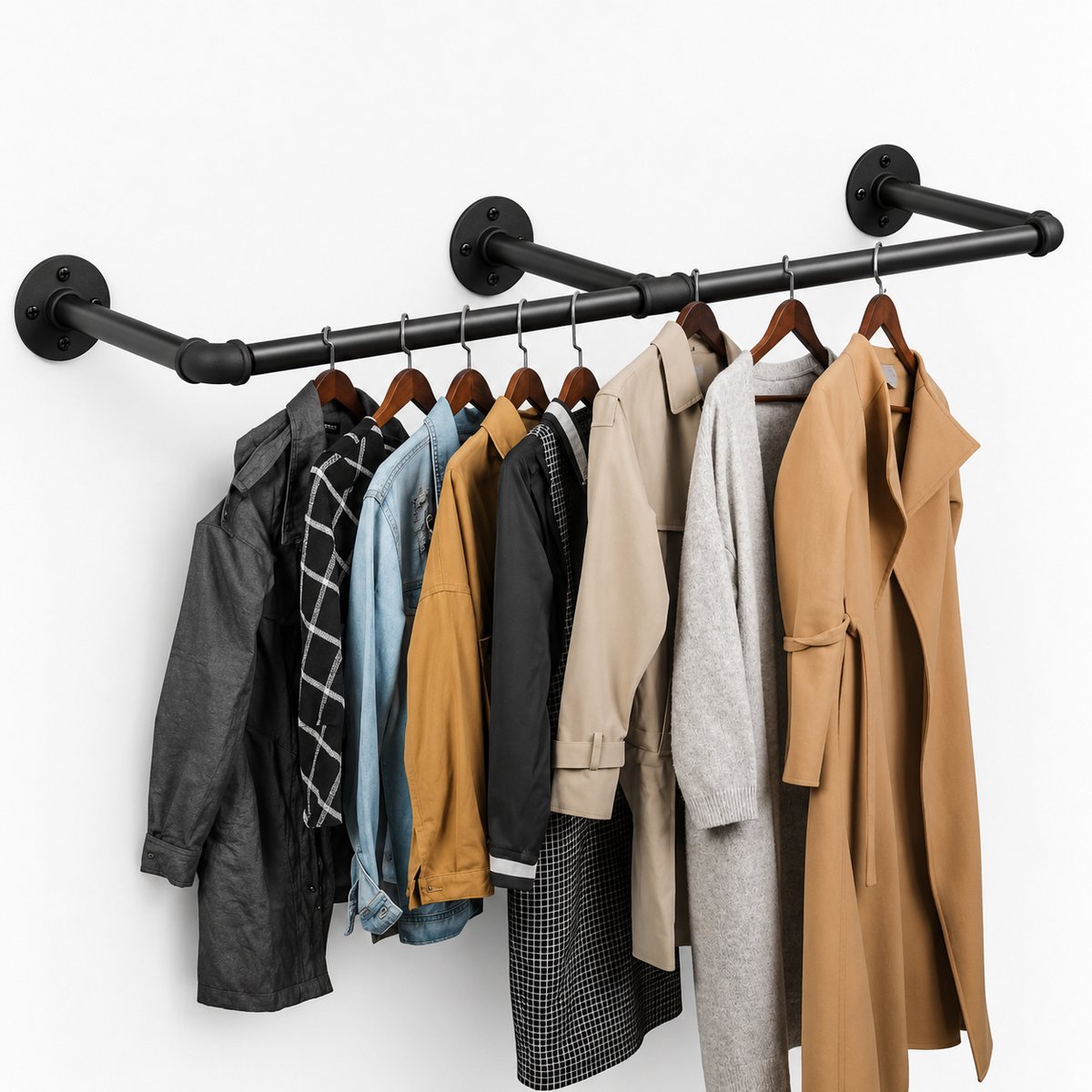 DPLUNIQ Kledingrek - Kledingkast - Kast - Kledingstang - 180cm - 30kg max - Industriële stijl - Incl. 3 haken - 2,5kg - Zwart