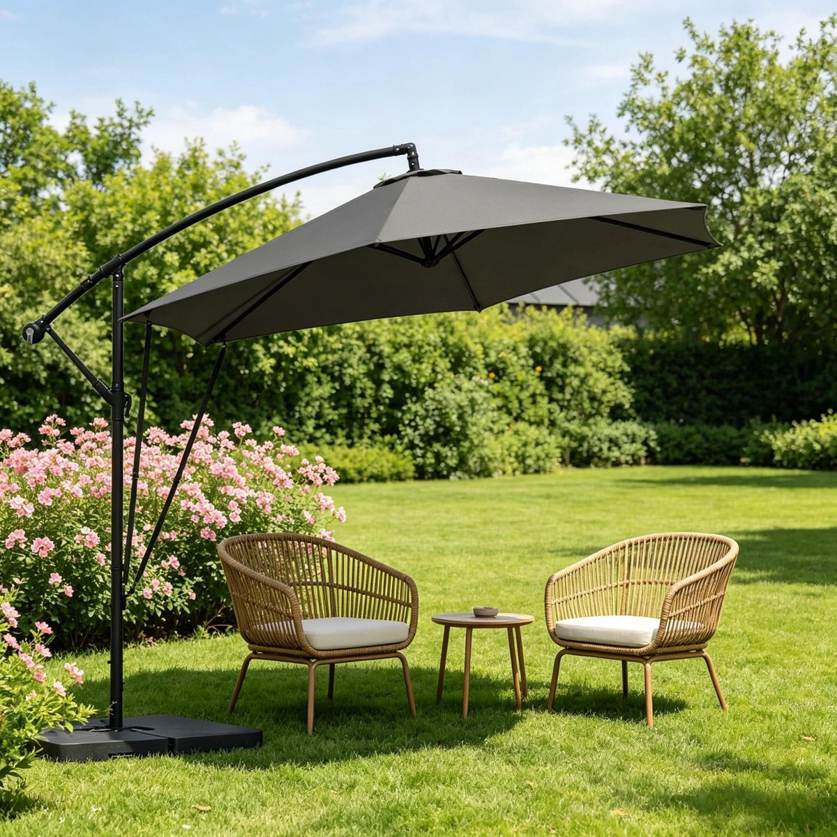 Zweefparasol 310 x 310 cm Met Knikfunctie En Kurbelmechanisme Metaal En Polyester Donkergrijs Voor Tuin Terras En Zwembad