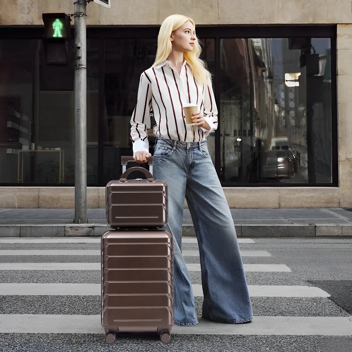 COVREO Kofferset 14 en 19 inch bruin, ABS hardcase met cijferslot
