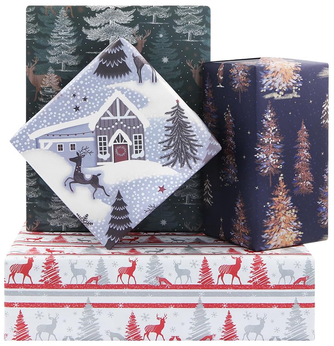Cadeaupapier kerst - 8 vellen inpakpapier - herten, kerstboom, sneeuwvlok - vrolijk inpakken voor feestdagen - ShopVlot