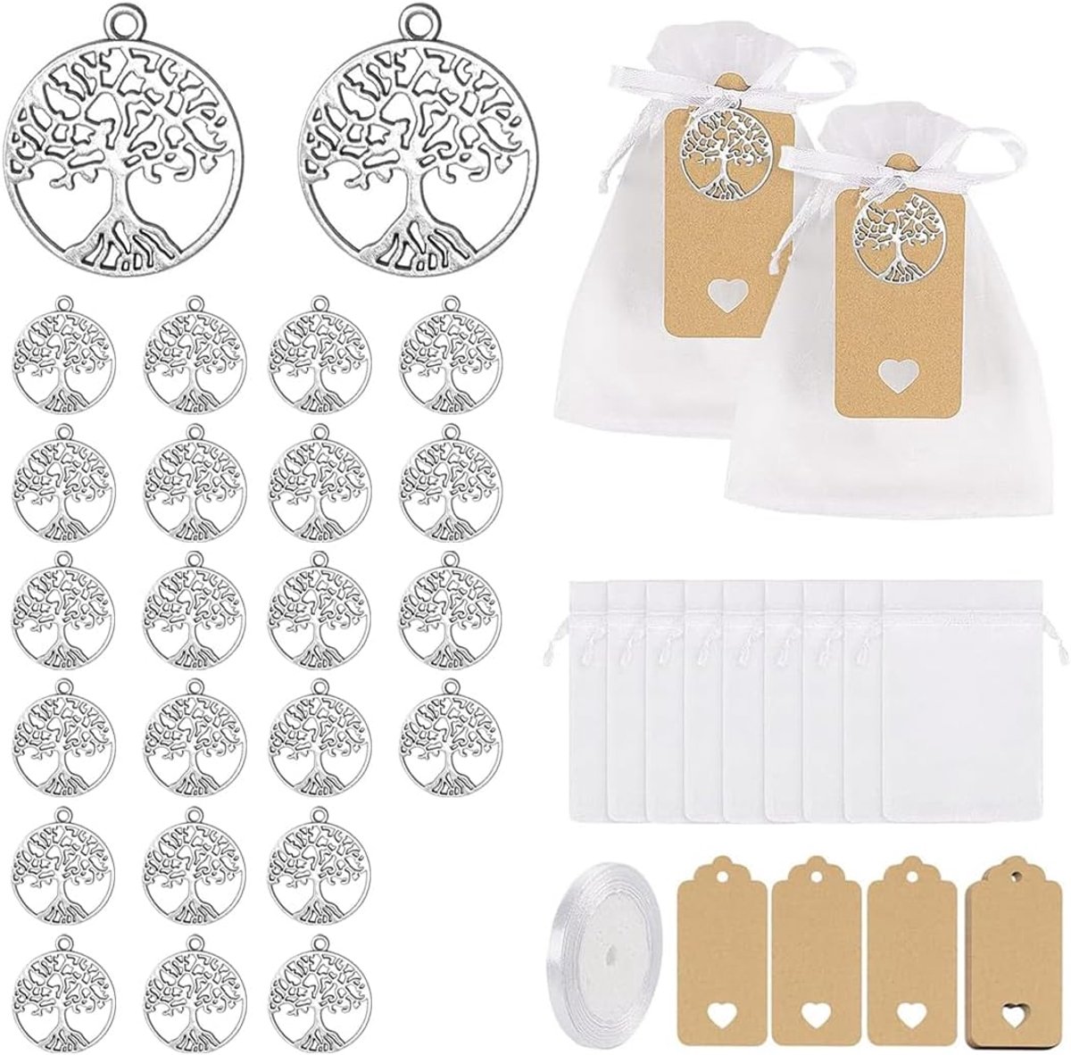 24pcs Tree of Life Charms with 24 Organza Bags, 24 Kraft Labels and 1 Ribbon - ShopVlot