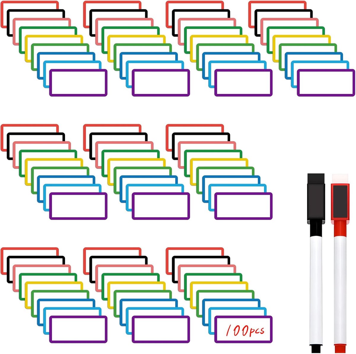 100 stuks Gekleurde Border Magnetische Dry Erase Labels, VEINARDYL 2 "x 1" Herbruikbare Magneet Naam Tag Labels met 2 - ShopVlot