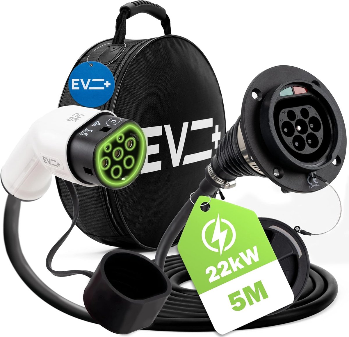 EV + E-Car Extension Cable Type 2 to Type 2 IEC 62196, 5 Meters Portable Charging Cable 3-Phase 32A (22 kW) Black with - ShopVlot
